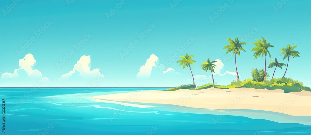 Obraz premium Tropical beach landscape with palm trees and clear blue ocean water in a sunny sky with copy space for text.