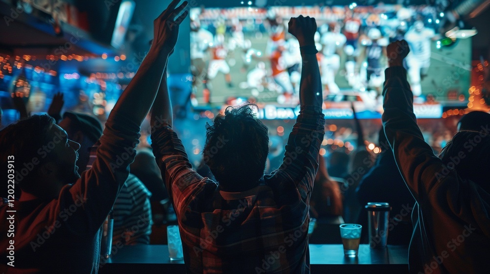 Sports fans cheering at bar image. Excited crowd watching live sports game on large screen with beer drinks photography scene wallpaper. Night out sportspub concept photorealistic photo