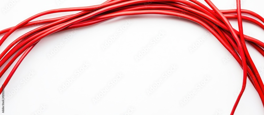 Fototapeta premium Red electrical wires arranged on a white background with ample copy space for text or design elements.