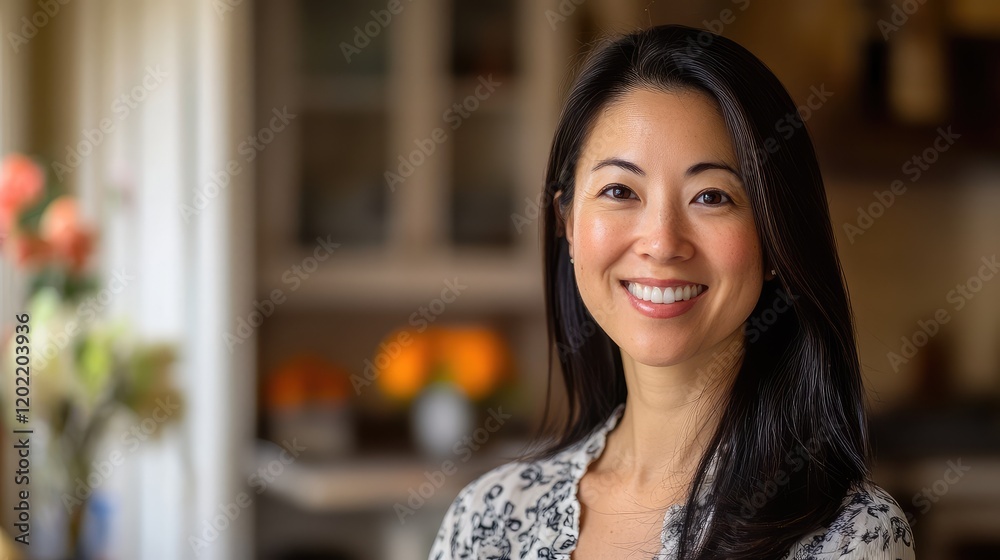 Smiling woman with long black hair wearing a patterned top in a softly lit indoor setting with flowers and blurred background Copy Space Smiling woman with long black hair wearing a patterned top in a softly lit indoor setting with flowers and blurred background Copy Space