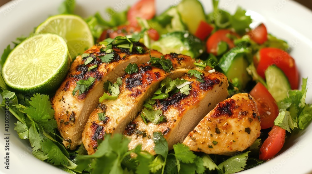 Grilled chicken breast sliced on a bed of fresh salad with tomatoes, cucumbers, lime, and garnished with cilantro Copy Space Grilled chicken breast sliced on a bed of fresh salad with tomatoes, cucumbers, lime, and garnished with cilantro Copy Space