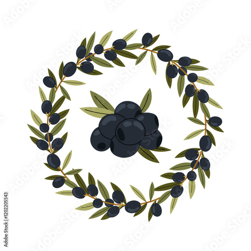 Black olive branch wreath. Hand drawn natural vector frame. Healthy food illustration. Ingredients for cooking. Round foliated frame with olives.