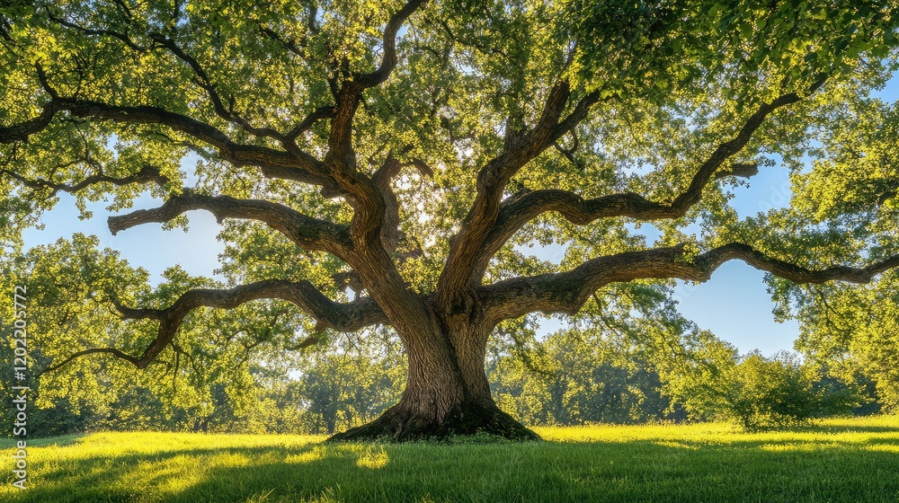 Large mature oak tree with expansive branches and lush green foliage in a sunny open field, Copy Space Large mature oak tree with expansive branches and lush green foliage in a sunny open field, Copy Space
