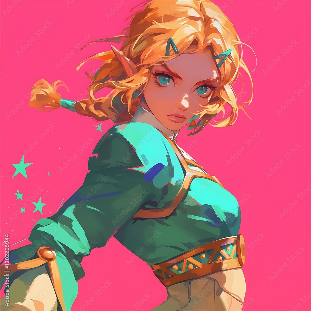 Animated Female Character with Green Clothing on Vivid Pink Background with Stars Artwork Animated Female Character with Green Clothing on Vivid Pink Background with Stars Artwork