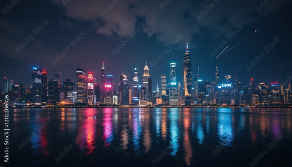 Night cityscape featuring the skylines of Singapore and Hong Kong with illuminated buildings reflecting on the water Night cityscape featuring the skylines of Singapore and Hong Kong with illuminated buildings reflecting on the water
