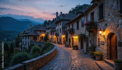 Historic old street in a European town with stone buildings and narrow roads