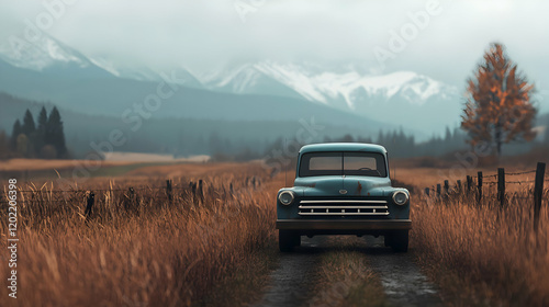 Vintage car on scenic road mountain landscape photography autumn vibes front view nostalgia