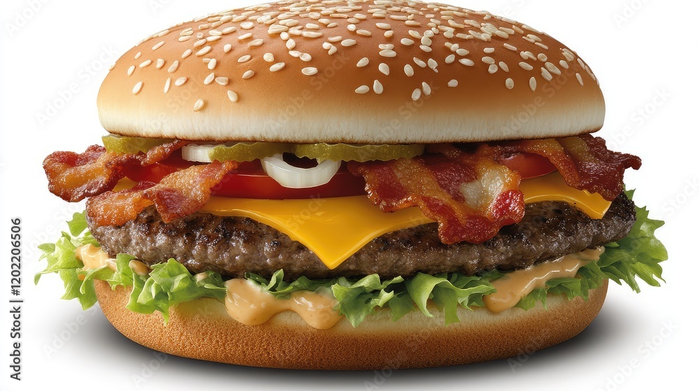 Cheeseburger with bacon, lettuce, tomato, onion, and sesame seed bun on white background with Copy Space Cheeseburger with bacon, lettuce, tomato, onion, and sesame seed bun on white background with Copy Space