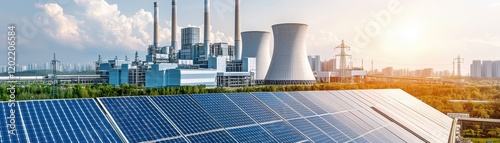 A modern power plant features solar panels in the foreground, showcasing a blend of renewable and traditional energy sources under a bright sky.