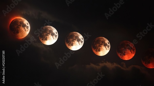 Lunar eclipse sequence showing different phases of the moon against a dark sky with clouds Copy Space