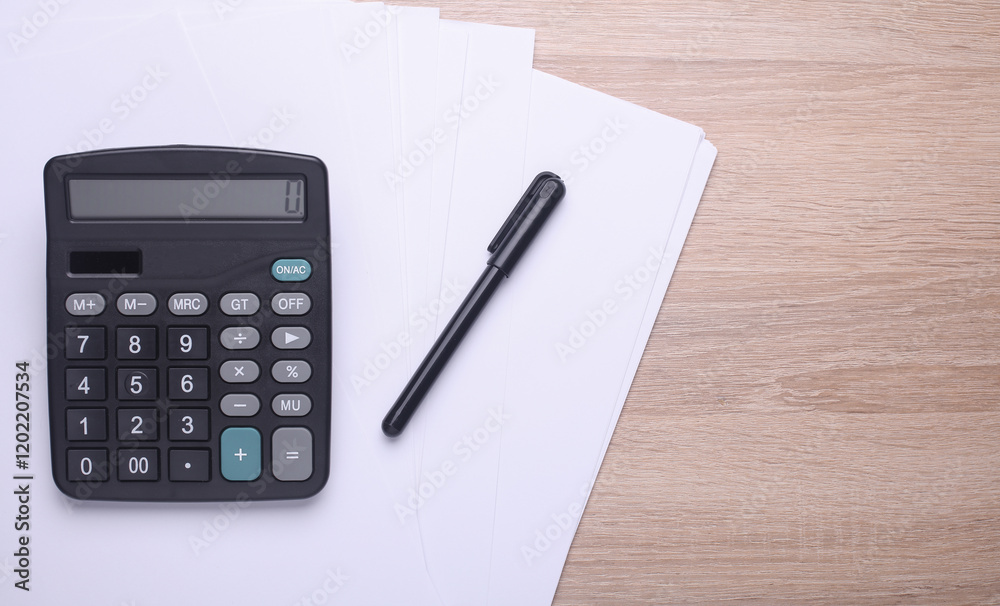 Black classic calculator with paper sheets and pen on table. Top view Black classic calculator with paper sheets and pen on table. Top view