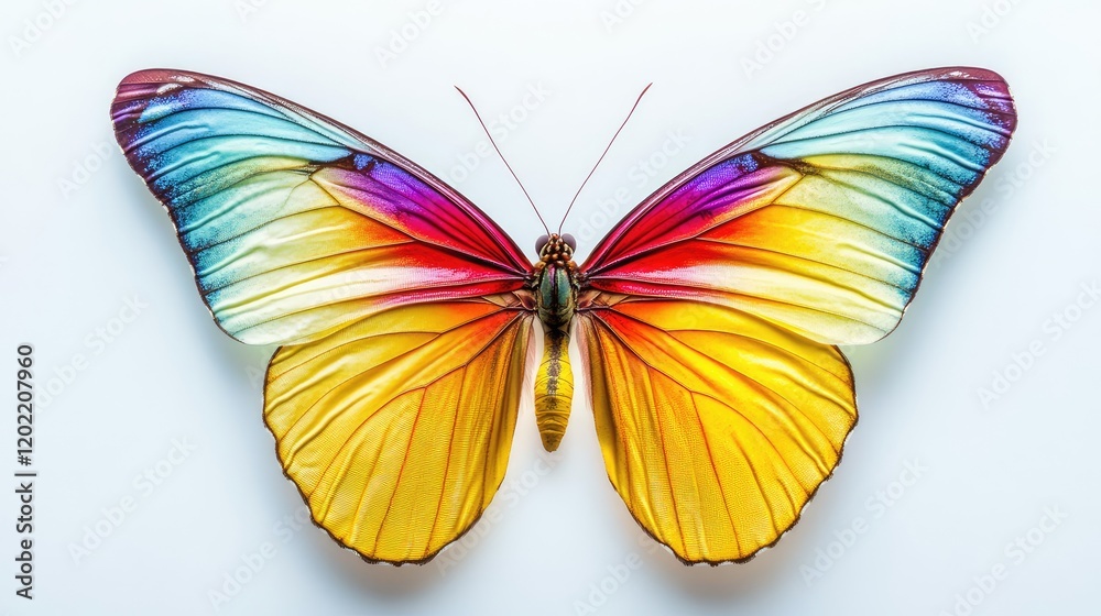 Fototapeta premium Colorful butterfly with detailed wings displayed on a white background Copy Space