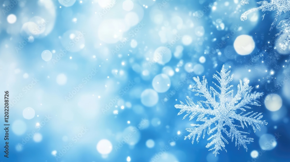 Frozen snowflake with sparkling bokeh and gradient blue background featuring ample copy space for text placement. Frozen snowflake with sparkling bokeh and gradient blue background featuring ample copy space for text placement.