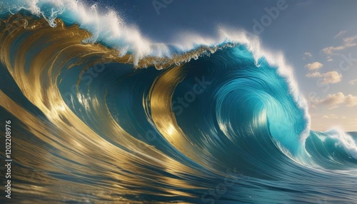 Abstract ocean wave art with gold and blue hues, movement, painting, soothing photo