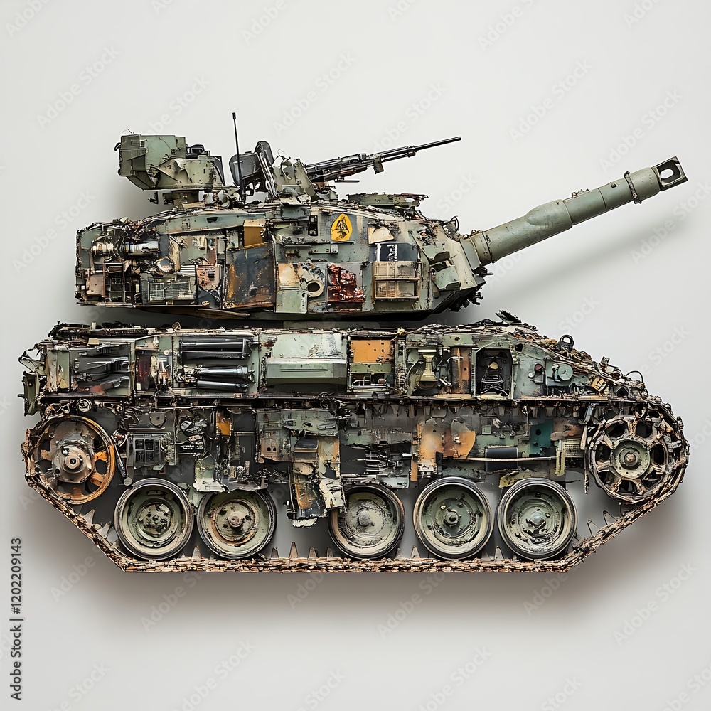 Damaged Battle Tank Stationary Against Plain Backdrop With Visible Tracks And Heavy Armament Damaged Battle Tank Stationary Against Plain Backdrop With Visible Tracks And Heavy Armament