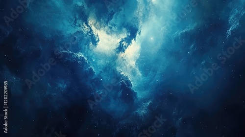 Cosmic nebula in deep space with shades of blue and hints of light featuring a dark starry background and ample Copy Space.