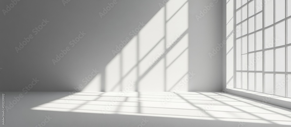 Fototapeta premium Minimalist interior space with sunlight casting shadows from large windows onto the floor Copy Space