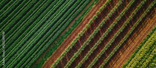 Aerial view of vibrant agricultural fields with green and brown striped rows and copy space for text.