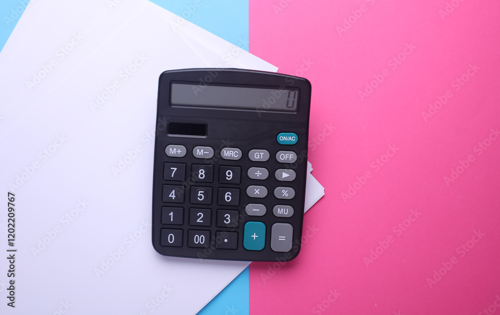 Black classic calculator and blank paper sheets on pink blue background. Top view Black classic calculator and blank paper sheets on pink blue background. Top view