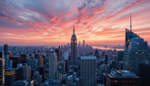 The New York City skyline showcases iconic Manhattan skyscrapers at sunset