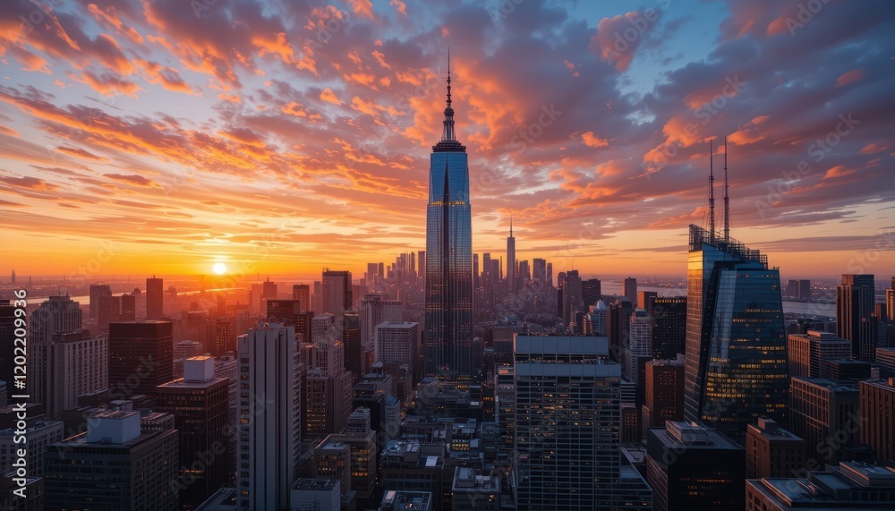 Obraz premium A breathtaking view of the Manhattan skyline at sunset with skyscrapers lighting up the city