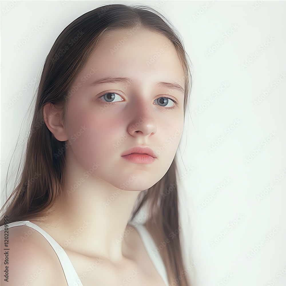 Fair Haired Girl Portrait With Light Eyes Focused In Front Of White Background Studio Lighting Fair Haired Girl Portrait With Light Eyes Focused In Front Of White Background Studio Lighting