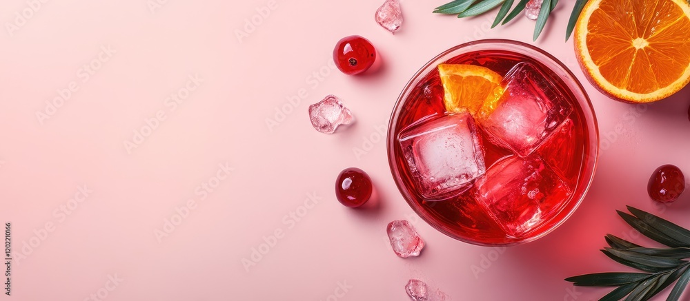 Refreshing cocktail with ice cubes, cherries, orange slices, and rosemary on a pink background with copy space for text