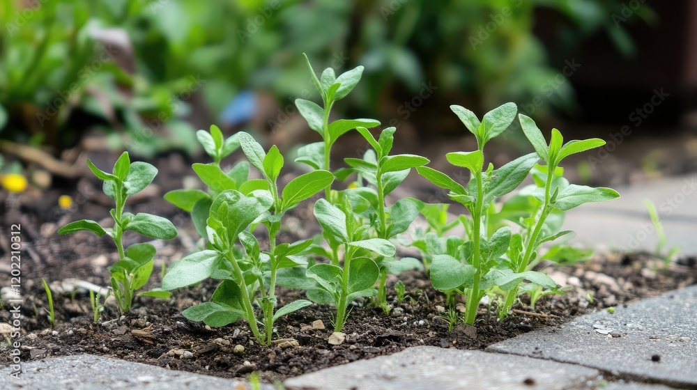 Fresh green seedlings growing in soil between paving stones in a garden with blurred greenery in the background Copy Space Fresh green seedlings growing in soil between paving stones in a garden with blurred greenery in the background Copy Space