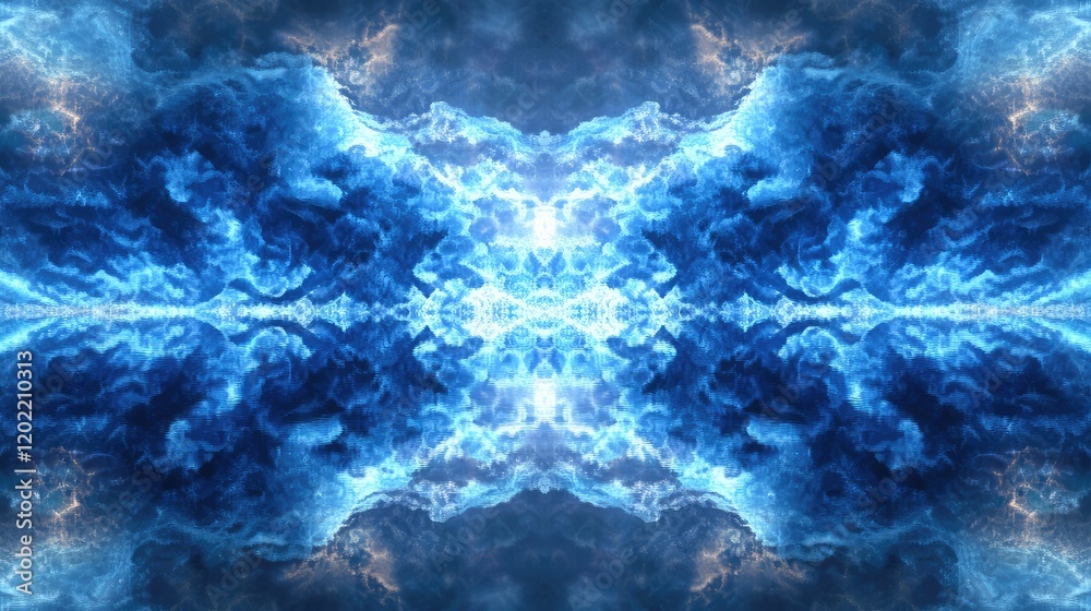 Fototapeta premium Abstract symmetrical cloud pattern with blue hues and reflective surface, suitable for backgrounds or digital art. Copy Space.