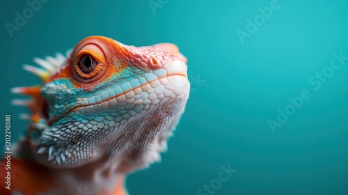 A strikingly detailed close-up image of a colorful lizard with vibrant orange and turquoise scales, set against a serene teal background, captures nature's artistry. photo