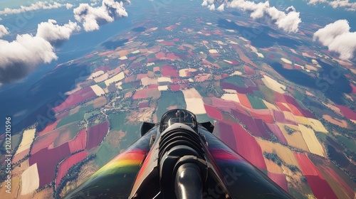 Aerial View from a Jet Over Vibrant Patchwork Fields in Lush Green and Golden Hues photo