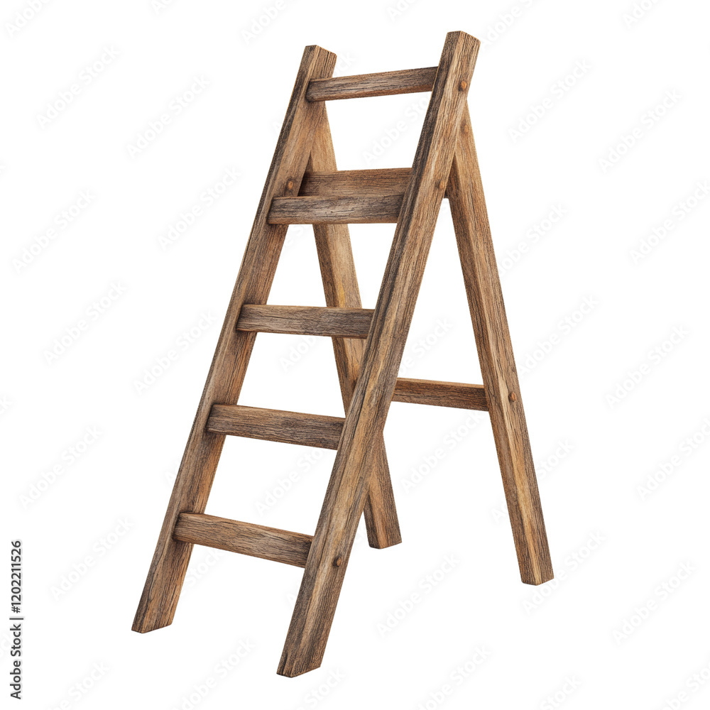 The image shows a rustic brown wooden stepladder isolated on a white background. The image shows a rustic brown wooden stepladder isolated on a white background.