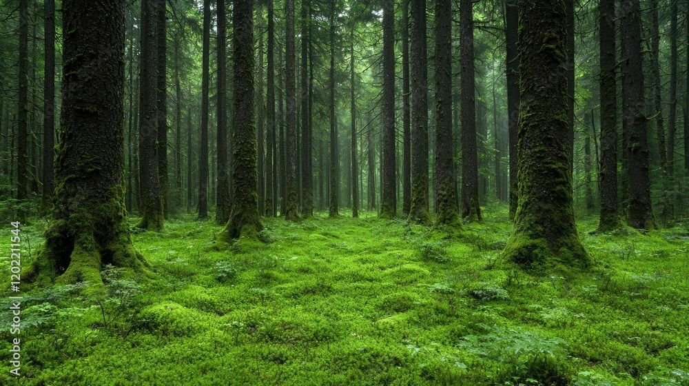 Naklejka premium Misty Green Forest Path Lush moss, tall trees, tranquil atmosphere, ideal for nature themes