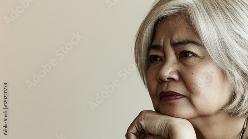 Older Asian woman appears thoughtful and disappointed while resting her chin on her hand in soft lighting
