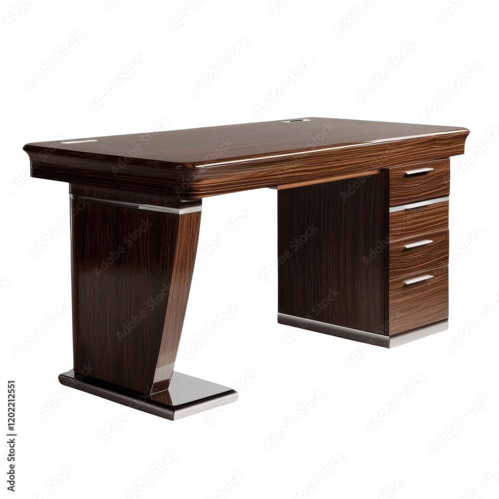A sleek dark wood executive desk features three drawers and a modern design suitable for a home or office. A sleek dark wood executive desk features three drawers and a modern design suitable for a home or office.