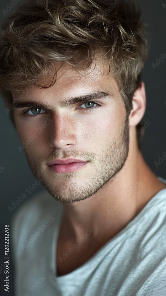 Professional headshot portrait with dramatic lighting highlighting chiseled facial features, styled wavy blonde hair, and intense gaze against dark background in studio setting. Professional headshot portrait with dramatic lighting highlighting chiseled facial features, styled wavy blonde hair, and intense gaze against dark background in studio setting.