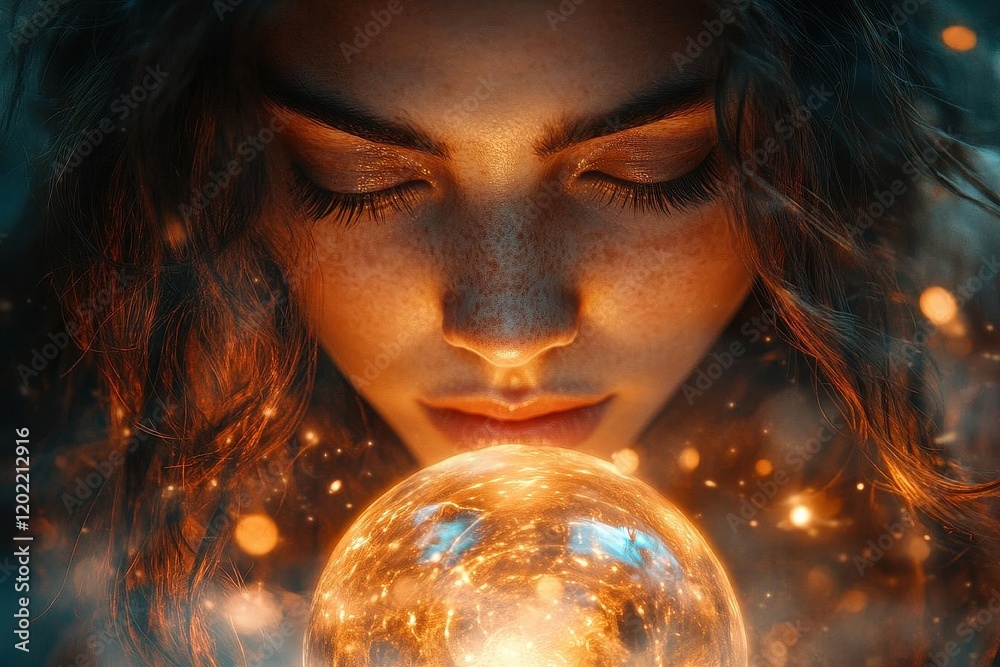 Naklejka premium mystical woman standing in twilight, her intense gaze directed at a glowing crystal ball, surrounded by swirling energies, evoking a sense of prophecy and spiritual connection
