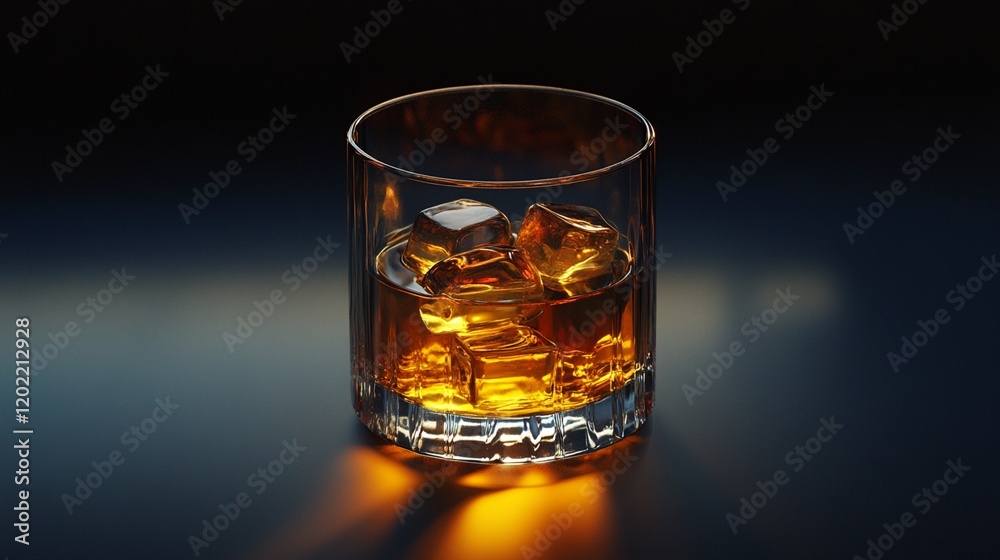 Glass of golden whiskey on rocks with dramatic lighting creating warm amber glow through crystal tumbler, dark moody background perfect for luxury spirits advertising. Glass of golden whiskey on rocks with dramatic lighting creating warm amber glow through crystal tumbler, dark moody background perfect for luxury spirits advertising.
