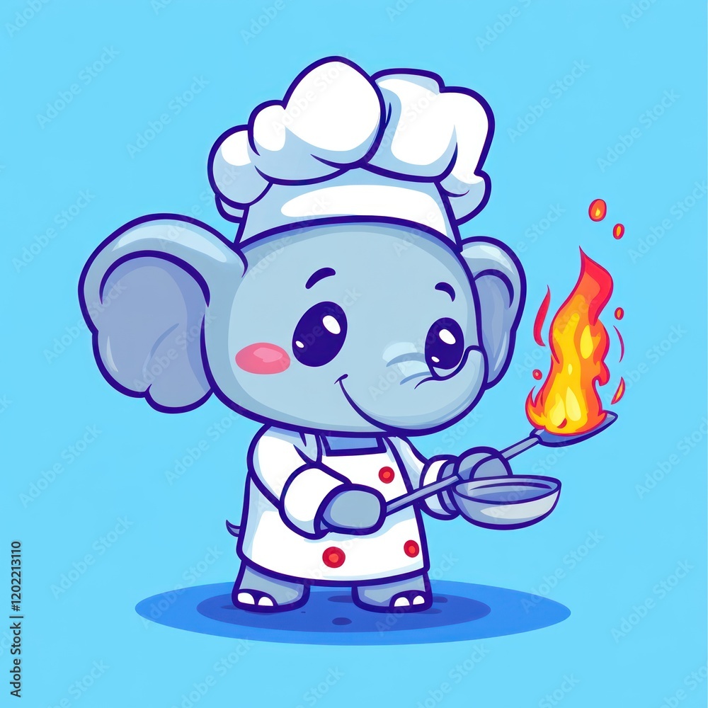 Elephant chef cooking a dish with fire, cartoon, cooking, food, kids use Elephant chef cooking a dish with fire, cartoon, cooking, food, kids use