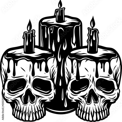 Skulls with Candles Vector Illustration - Black and White Gothic Artwork
