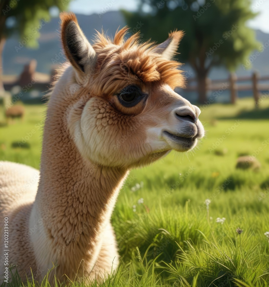 Obraz premium Adorable alpaca munching on grass in a peaceful countryside setting, adorable, grazing, livestock