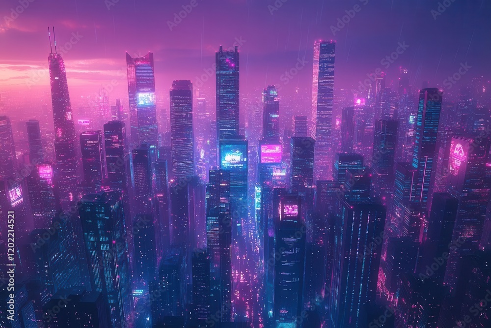 Fototapeta premium neon-lit megacity at midnight, holographic billboards reflect in glass skyscrapers, autonomous drones weave between buildings, purple and cyan cyberpunk atmosphere