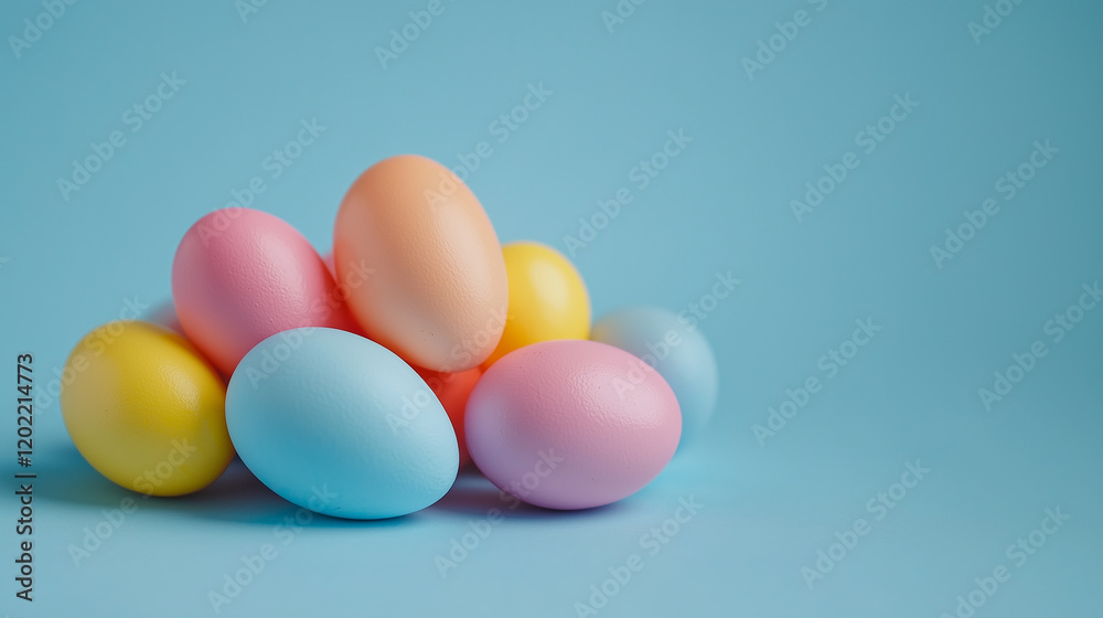 Colorful pastel eggs arranged on a blue background for a festive celebration or spring event. Generative AI