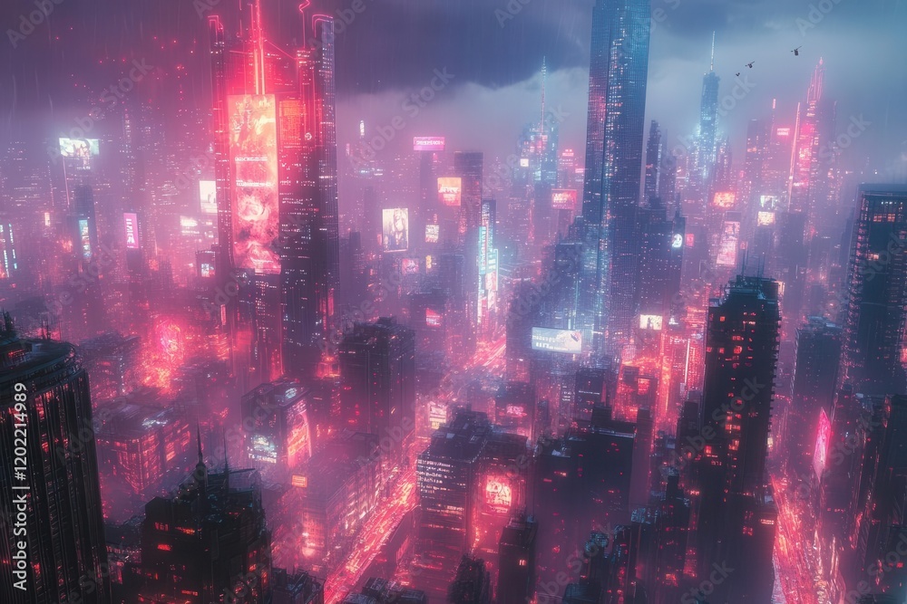 Fototapeta premium neon-lit megacity at midnight, holographic billboards reflect in glass skyscrapers, autonomous drones weave between buildings, purple and cyan cyberpunk atmosphere