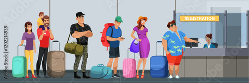 People queue at registration. Check in process. Administrator receptionist sitting at desk counter and checking passenger document for flight. Passport control. Airport terminal interior.