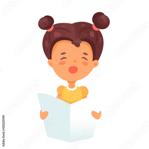 Cute girl singing song. Concert, performance rehearsal. Children choir. Cartoon vector illustration.
