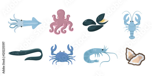 Sea underwater nature. Ocean wildlife elements. Cartoon vector illustrations set. Squid, octopus, mussels, lobster, crab, shrimp, eel, oysters.