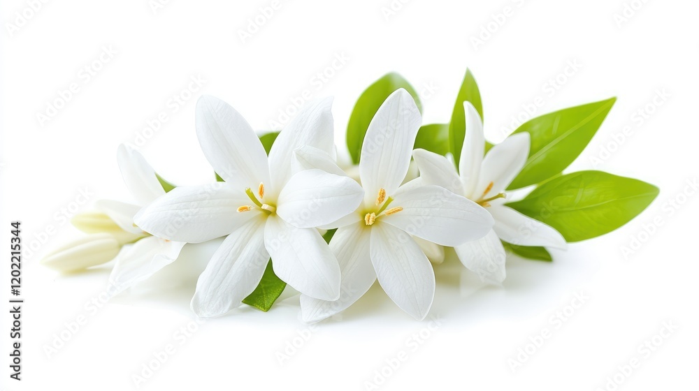 Obraz premium White flowers with green leaves on a white background Copy Space