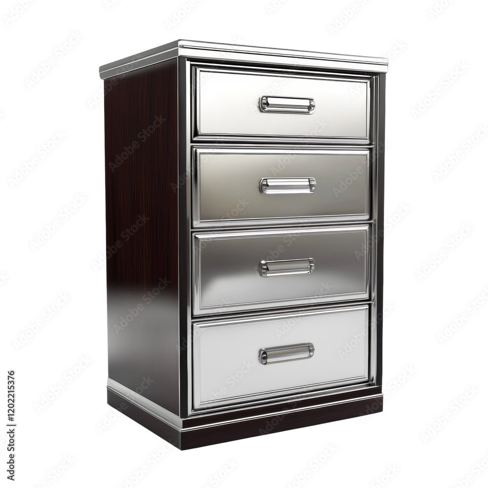 A sleek modern four drawer chest with dark wood and polished chrome detailing is shown. A sleek modern four drawer chest with dark wood and polished chrome detailing is shown.
