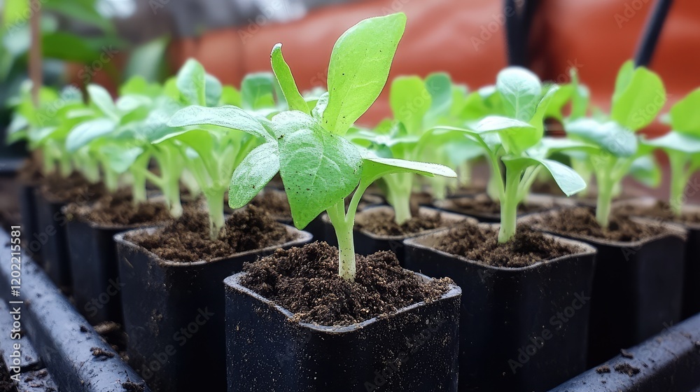 Green seedlings in small black pots with soil arranged in a planting tray with water droplets on leaves and blurred background, Copy Space Green seedlings in small black pots with soil arranged in a planting tray with water droplets on leaves and blurred background, Copy Space